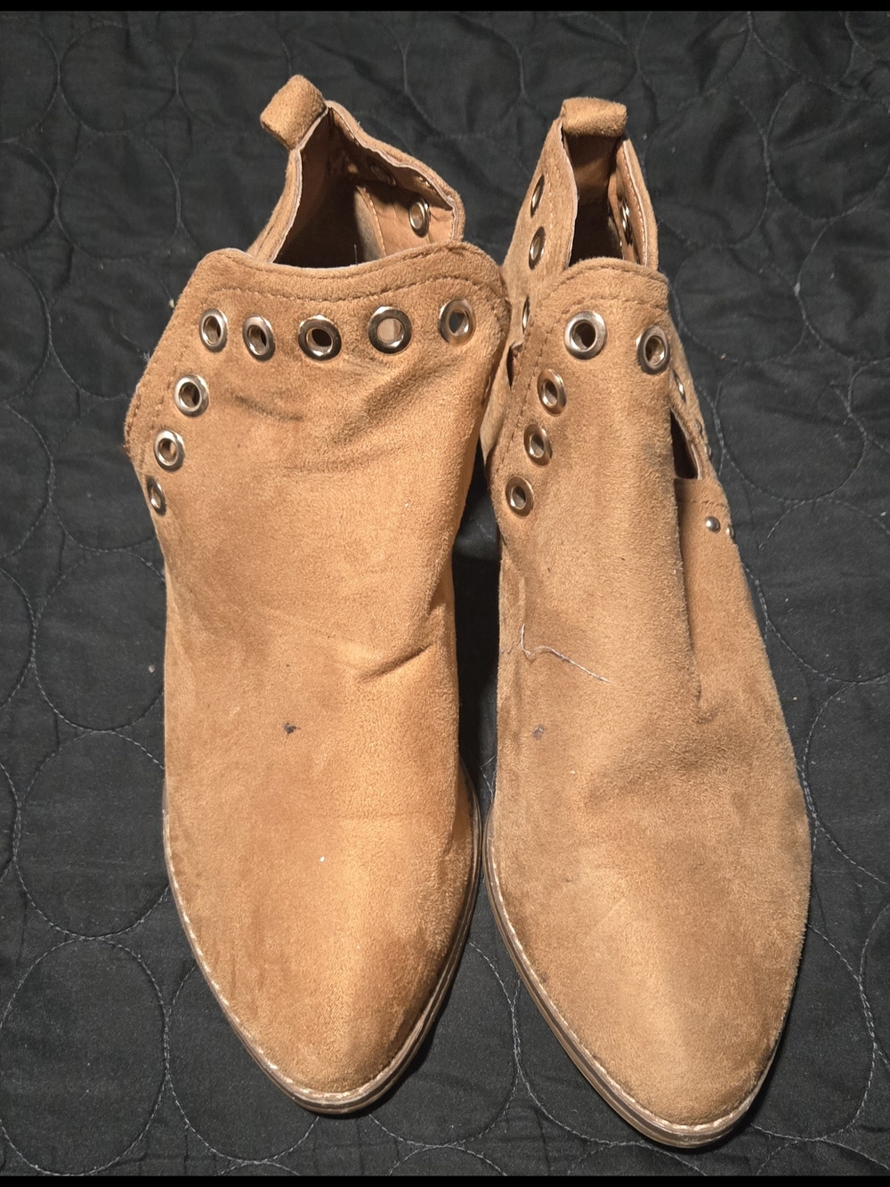 Women's Suede Ankle Booties in Tan with Grommet Detail